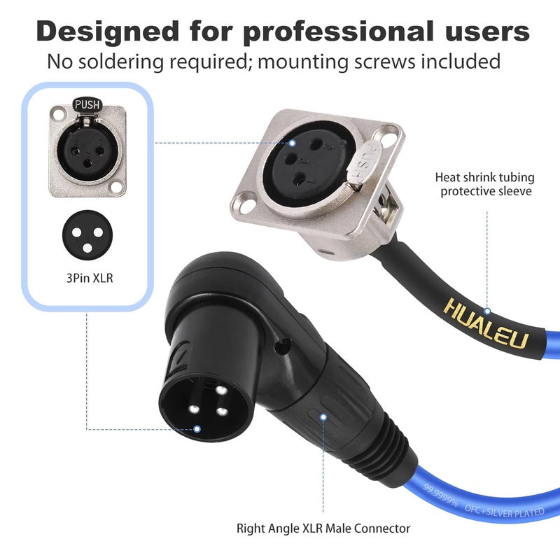 HUALEU كابل XLR ذكر 3 دبابيس بزاوية 2 قدم، لوحة توصيل XLR أنثى إلى ذكر من نوع D، كابل صوت متوازن صندوق أرضي - بدون لحام لتركيبات الصوت الاحترافية - موصل نحاسي مطلي بالفضة 20AWG - عبوة من 2 - Image 5